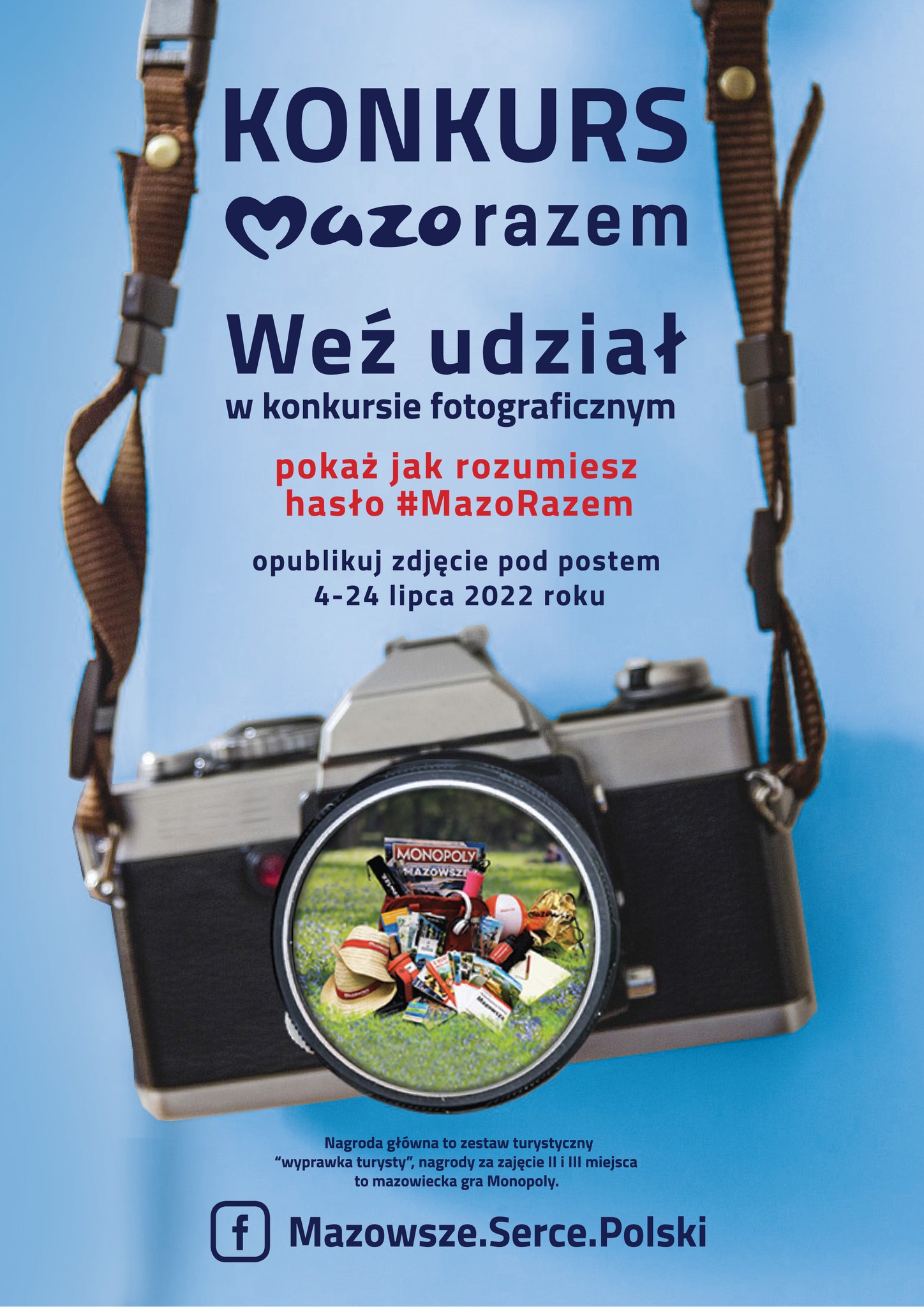 Plakat promujący konkurs fotograficzny MAZORazem. Na środku plakatu jest aparat forograficzny