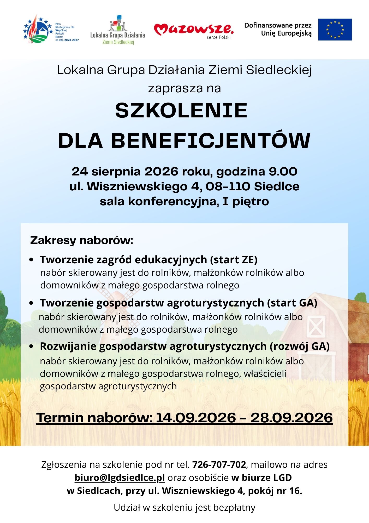 LGD Ziemi Siedleckiej zaprasza na szkolenie da beneficjentów - 24.08.2026 r. o godzinie 9:00 - szkolenie dotyczyć będzie naborów w zakresie START ZE, START GA oraz ROZWÓJ GA